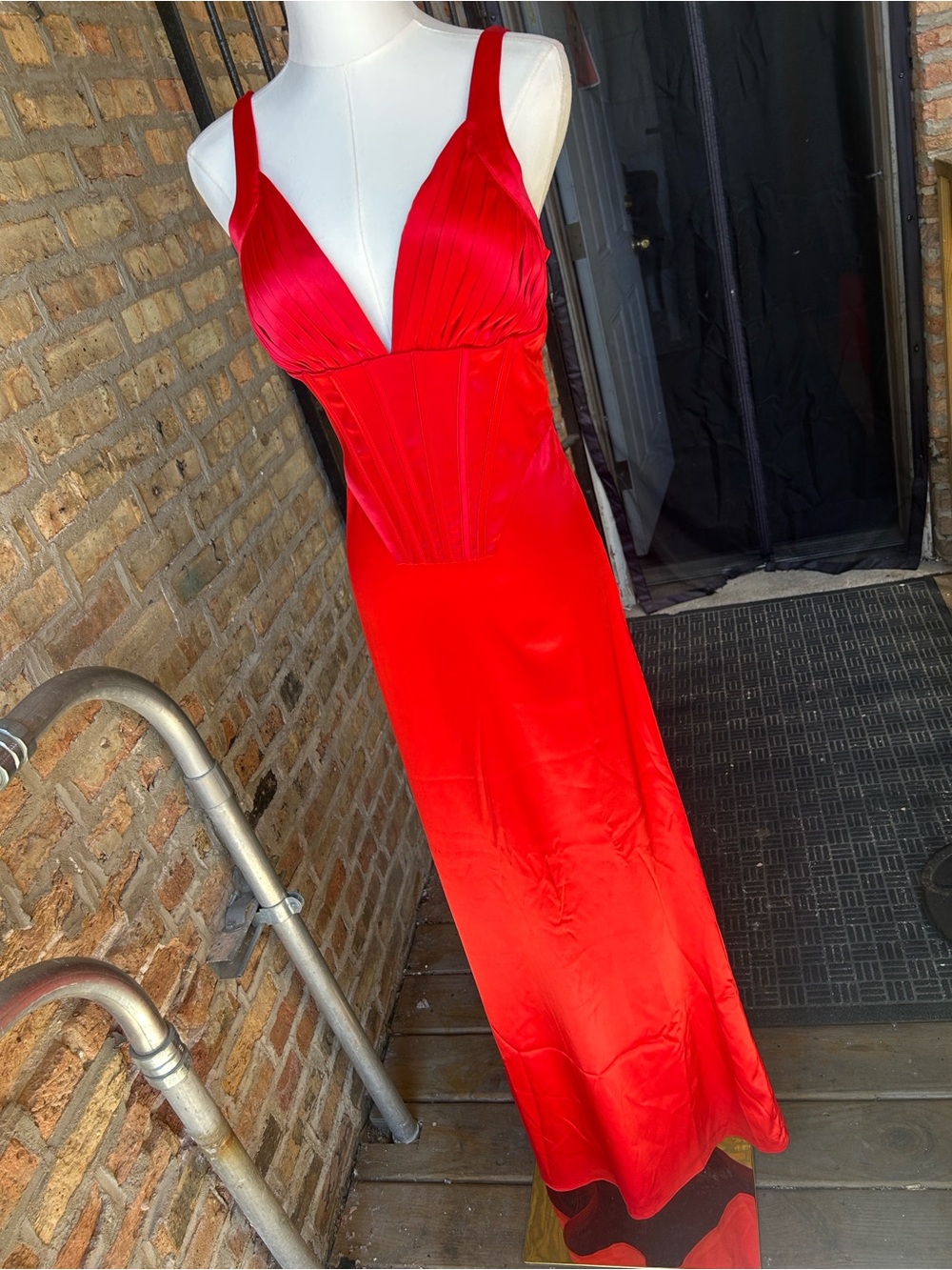 AKIRA Red Satin Maxi Dress with V-Neck